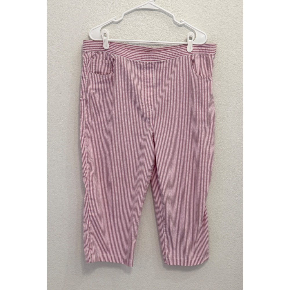 Quacker Factory Pink White Seersucker Stripe Pants Large Pull On Cropped
